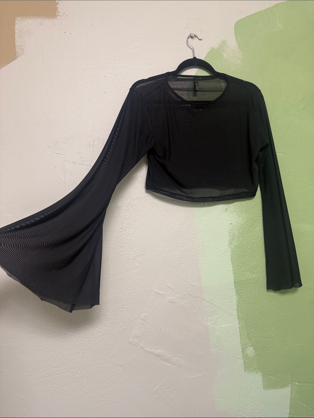 Black Sheer Bell-Sleeve Crop Top